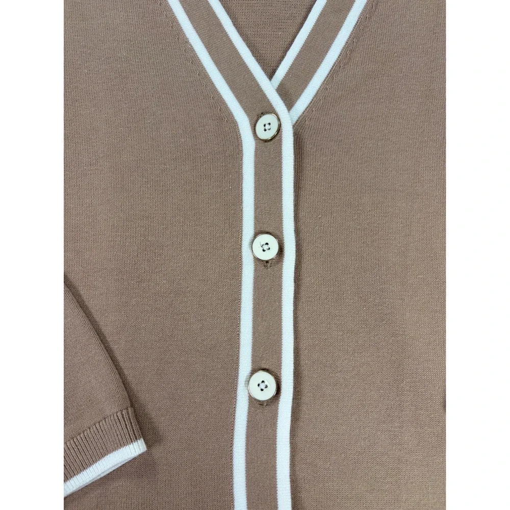 Talbots Womens Brown V-Neck Button Front Cardigan Sweater White Trim Size M